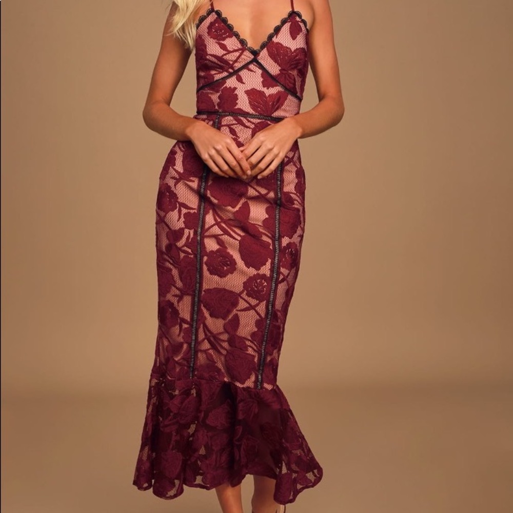 LuLu’s - Alluring Dream Burgundy Floral Mesh Lace Trumpet Midi Dress